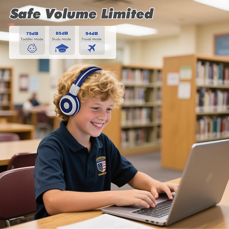 SIMOLIO Kids Headphones Bluetooth for Boys, Built-in Microphone and Share Port, Safe 75dB,85dB,94dB Volume Limited, Foldable and Adjustable, Wireless/Wired Headphones for Kids School Travel Grey - Image 2